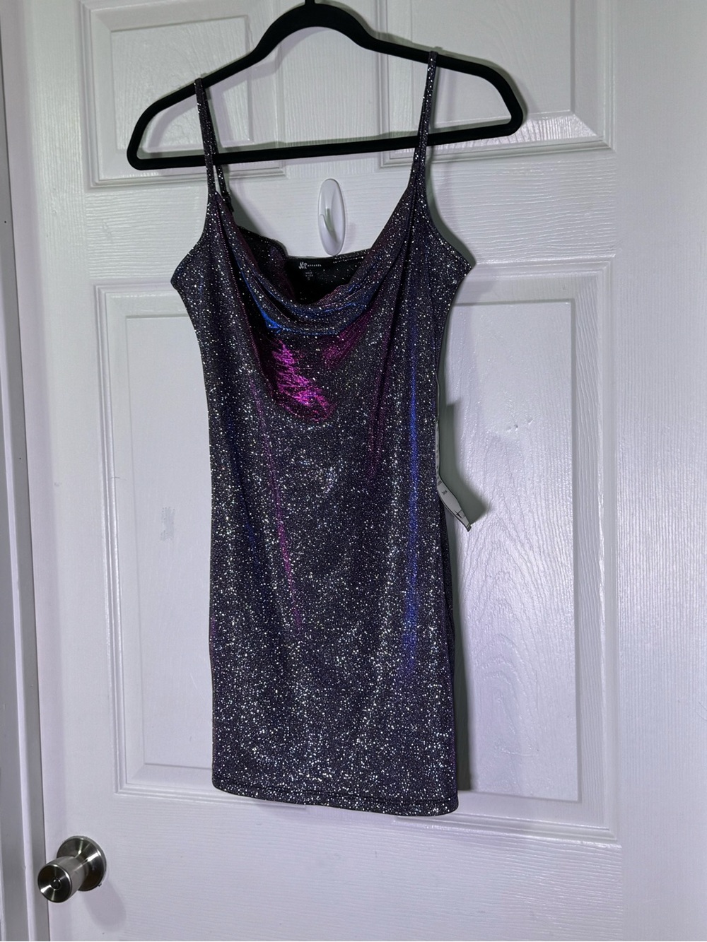 Macy's Iridescent Sparkle Mini Dress in Black with Purple & Blue Sheen